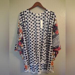 Westbound Open Front Kimono Cardigan with Pom-Pom Trim - Polka Dot & Floral